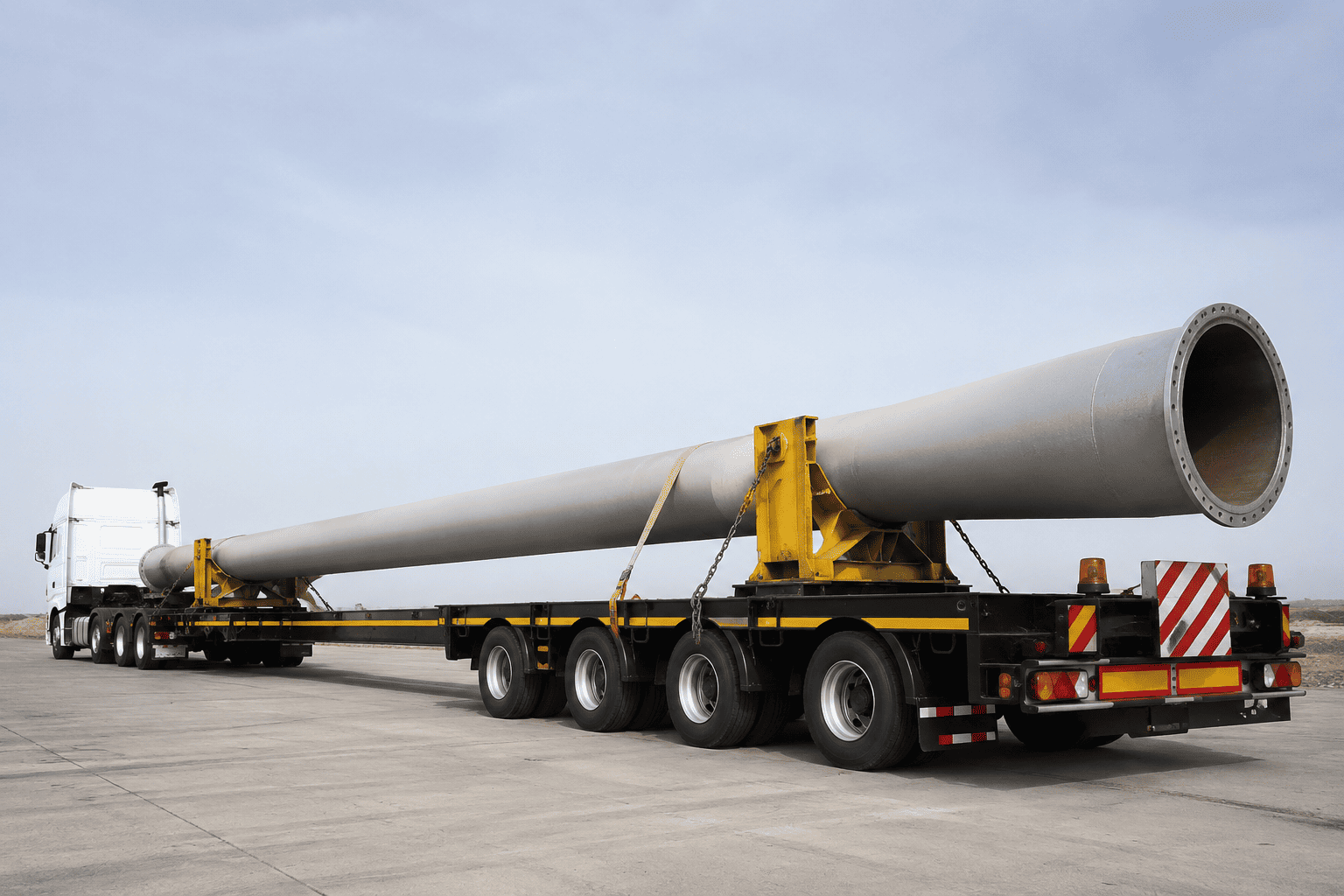 Pole trailer transporting oversized industrial pipe for heavy cargo logistics in Malaysia